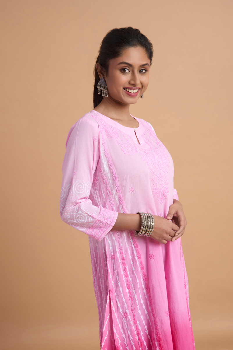 Pink Ombre Kurta with Hand Chikankari, Block Print & Shaded Dye
