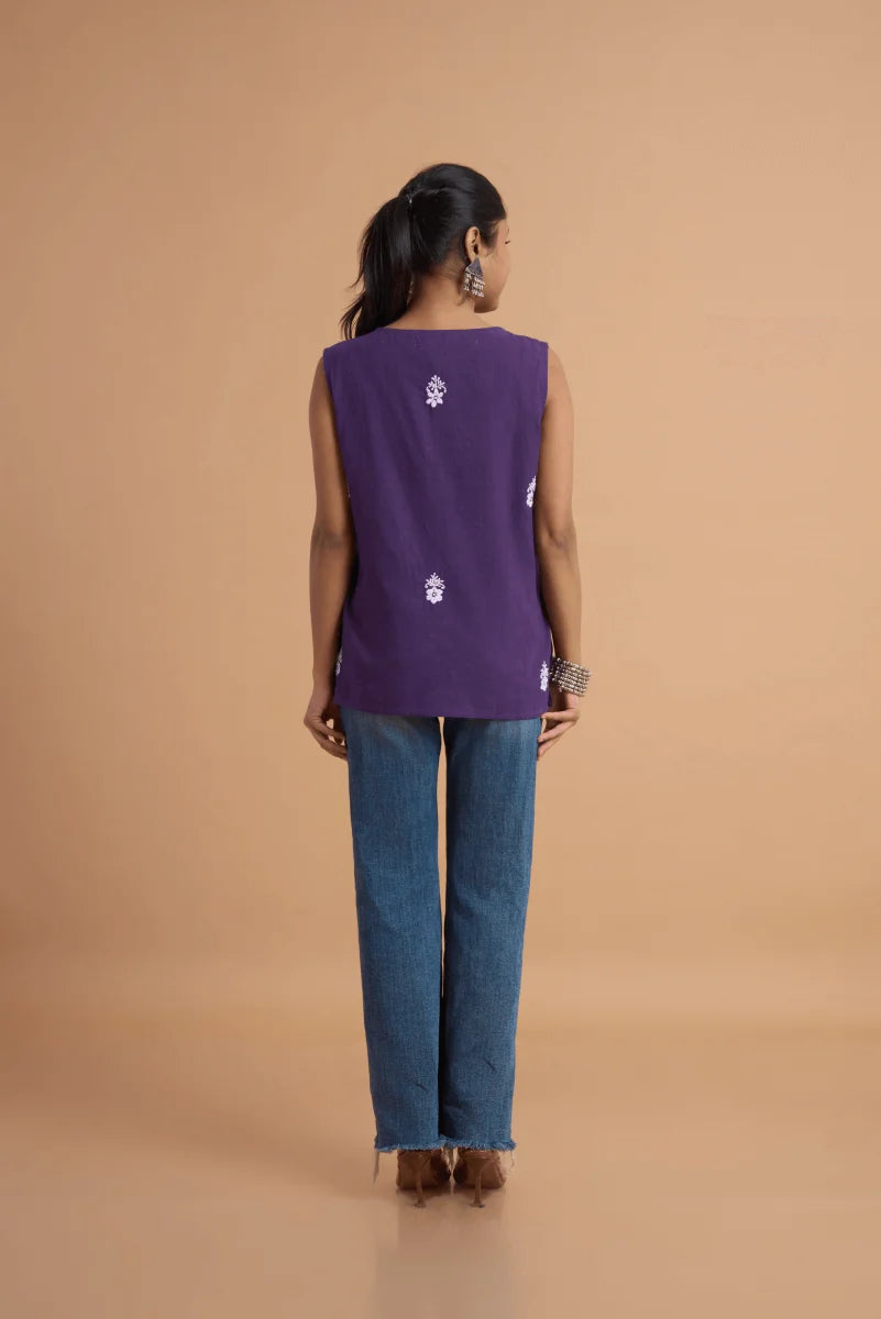 Purple Cotton Slub Top with Hand Chikan Embroidery