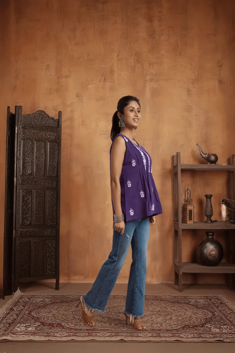 Purple Cotton Slub Top with Hand Chikan Embroidery
