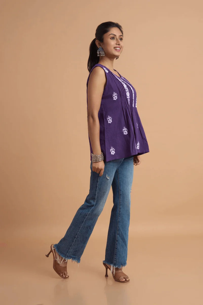 Purple Cotton Slub Top with Hand Chikan Embroidery