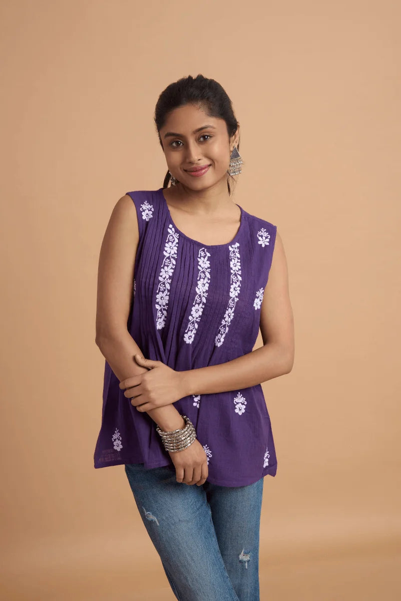 Purple Cotton Slub Top with Hand Chikan Embroidery
