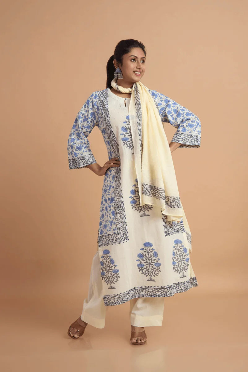 Off White Hand Block Placement Print Suit Set with Adda Embroidery
