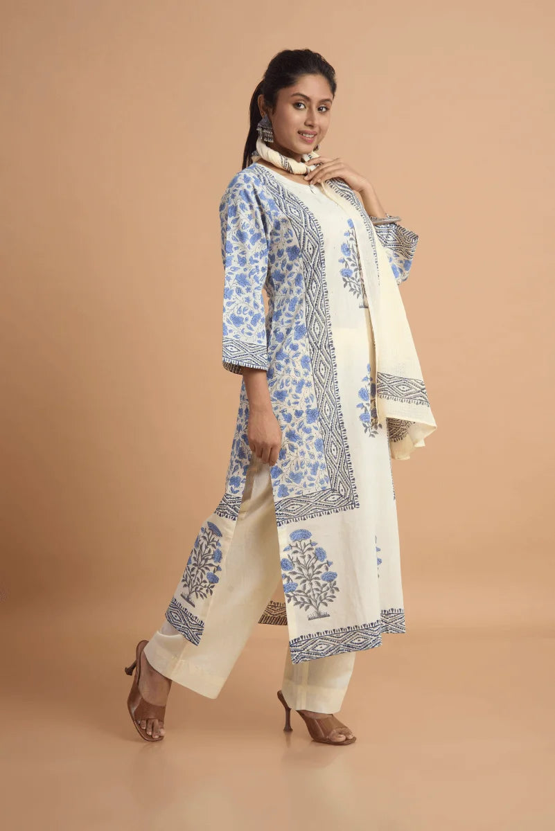 Off White Hand Block Placement Print Suit Set with Adda Embroidery