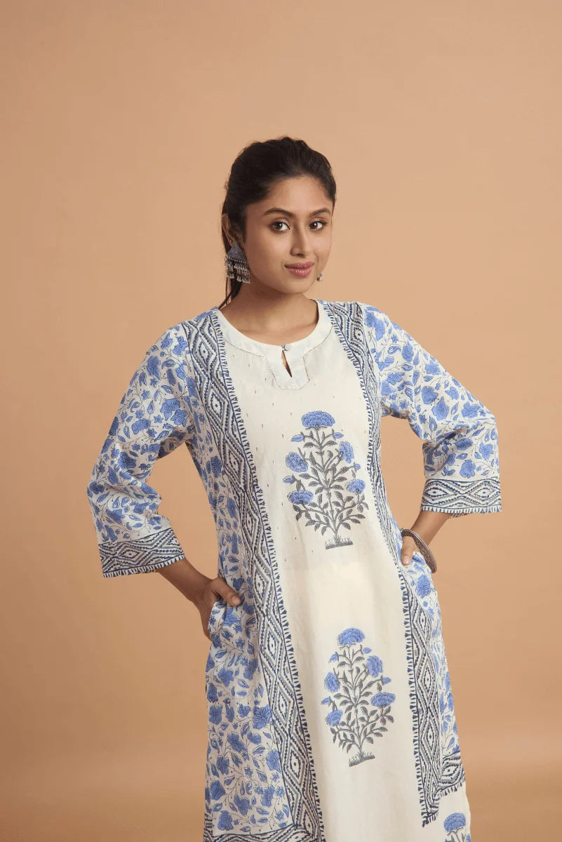 Off White Hand Block Placement Print Suit Set with Adda Embroidery