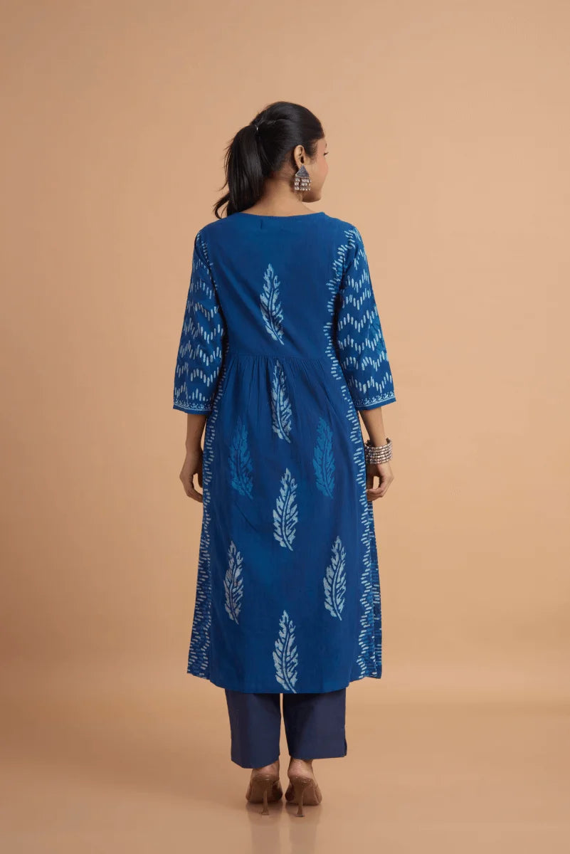 Indigo Empire-Cut Cotton Dress with Hand Chikan and Block Placement Print