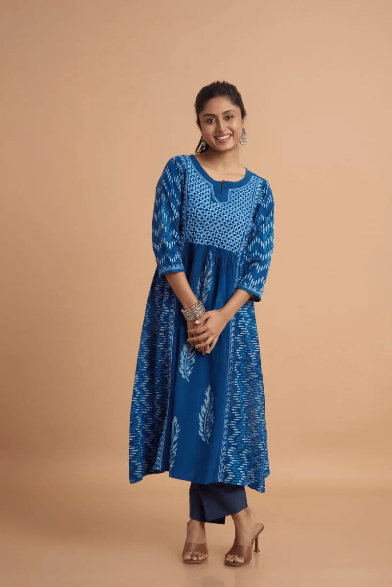 Indigo Empire-Cut Cotton Dress with Hand Chikan and Block Placement Print