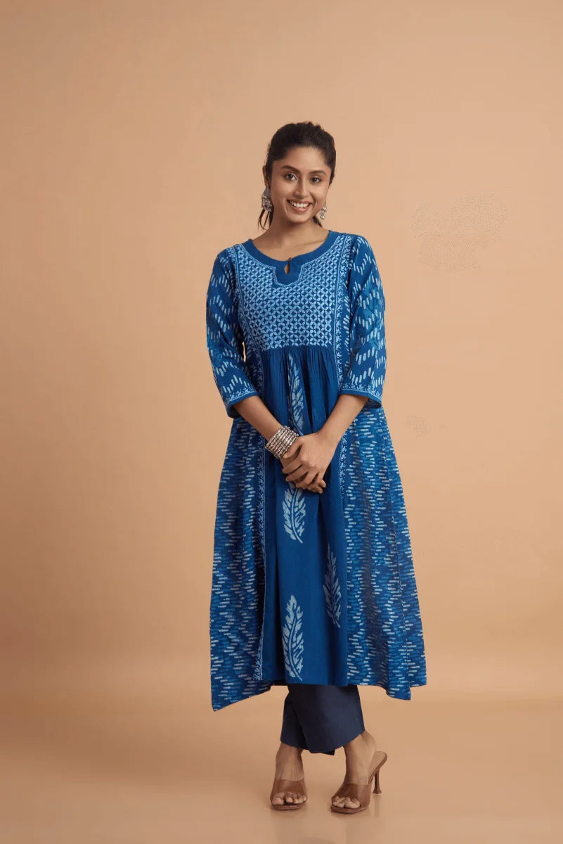 Indigo Empire-Cut Cotton Dress with Hand Chikan and Block Placement Print