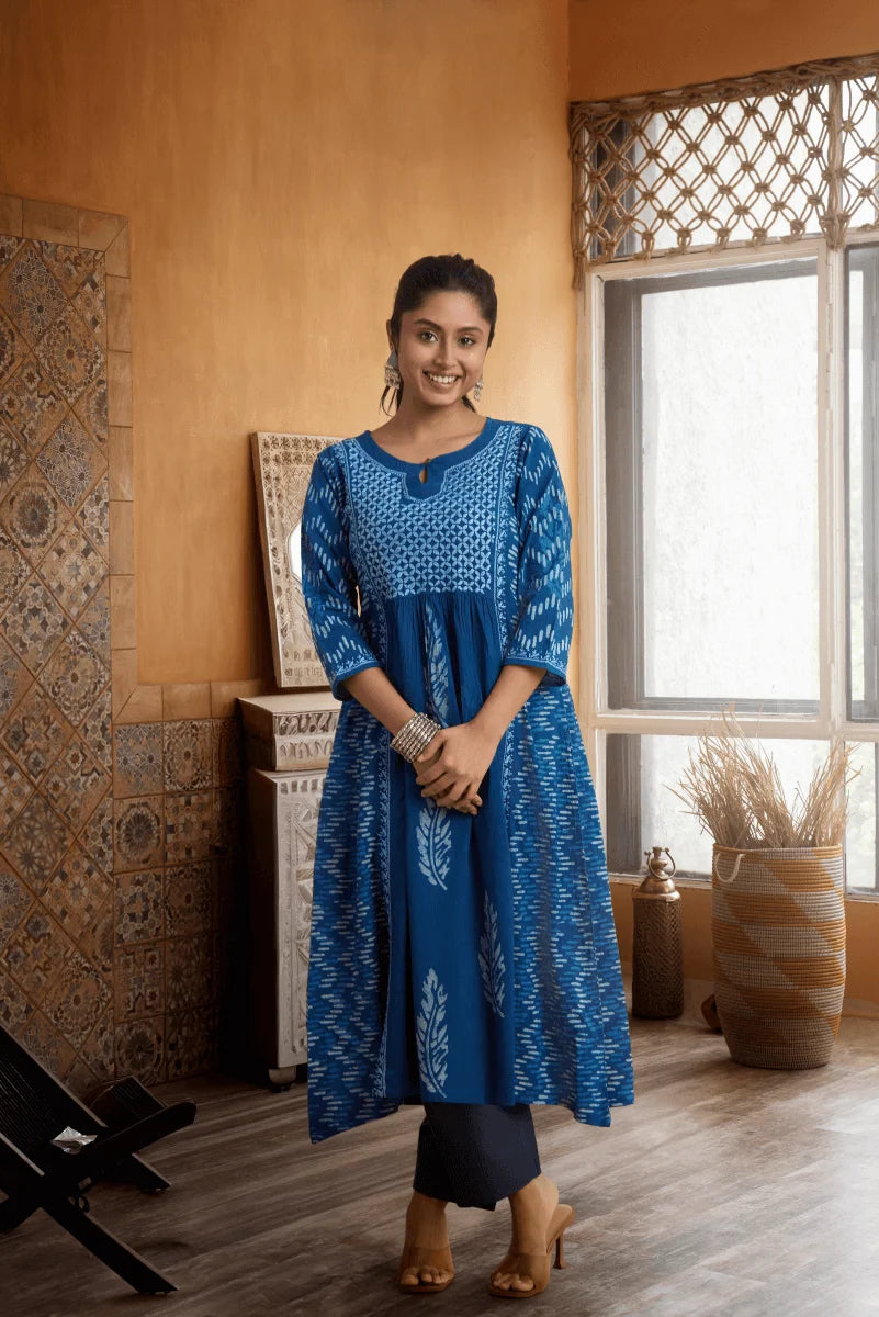 Indigo Empire-Cut Cotton Dress with Hand Chikan and Block Placement Print