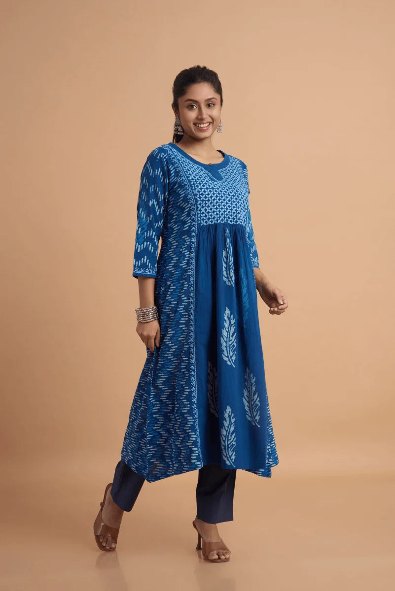 Indigo Empire-Cut Cotton Dress with Hand Chikan and Block Placement Print