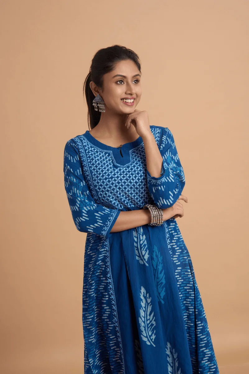 Indigo Empire-Cut Cotton Dress with Hand Chikan and Block Placement Print