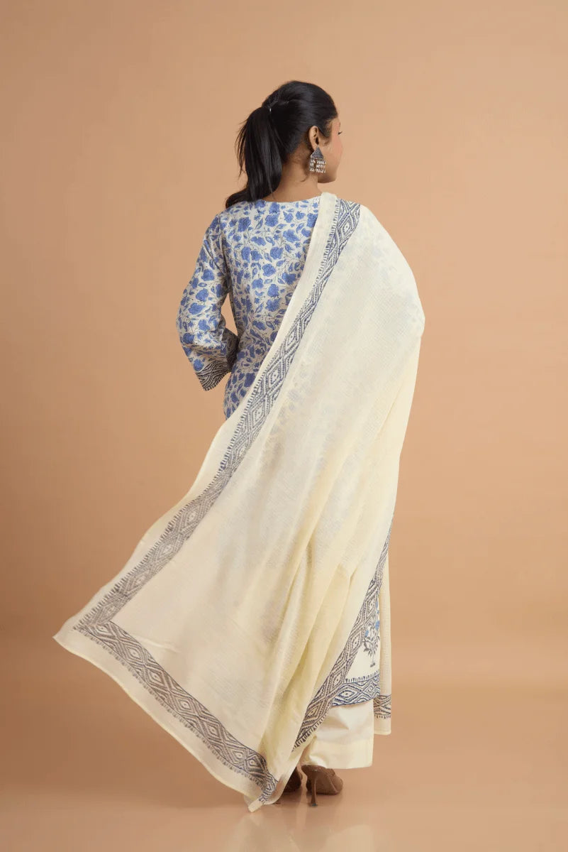 Off White Hand Block Placement Print Suit Set with Adda Embroidery