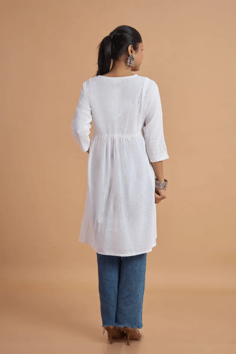 White Cotton Slub Kurta with Hand Chikan Embroidery