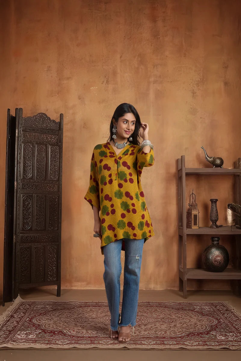 Mustard Bloom Ajrakh Modal Kaftan Top