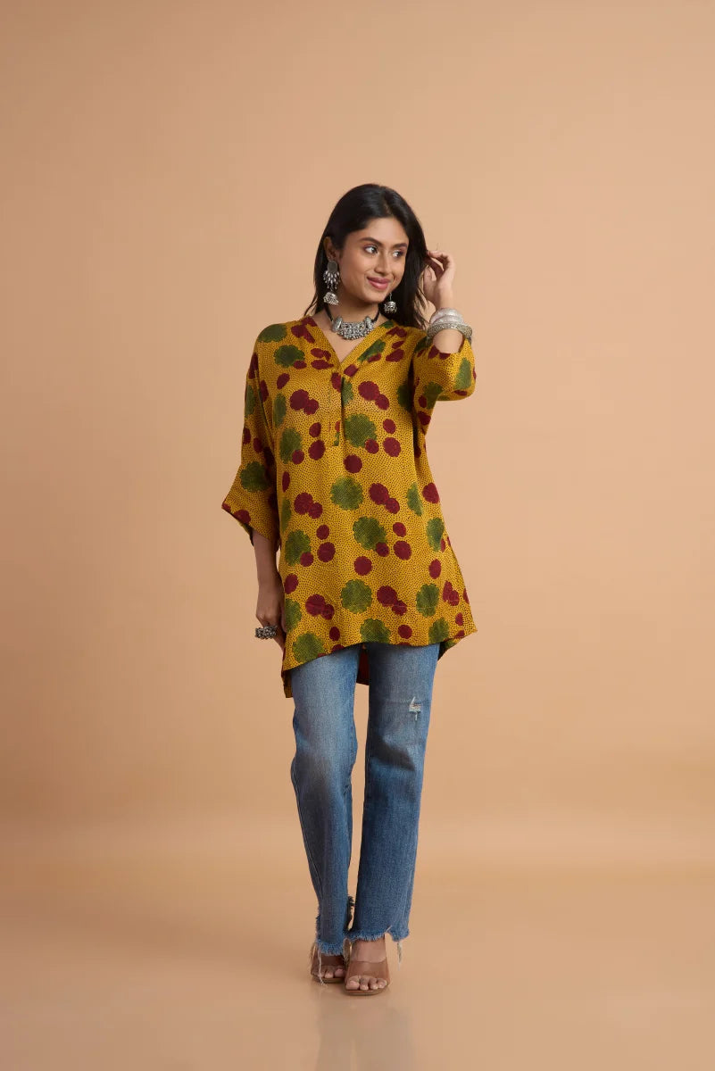 Mustard Bloom Ajrakh Modal Kaftan Top