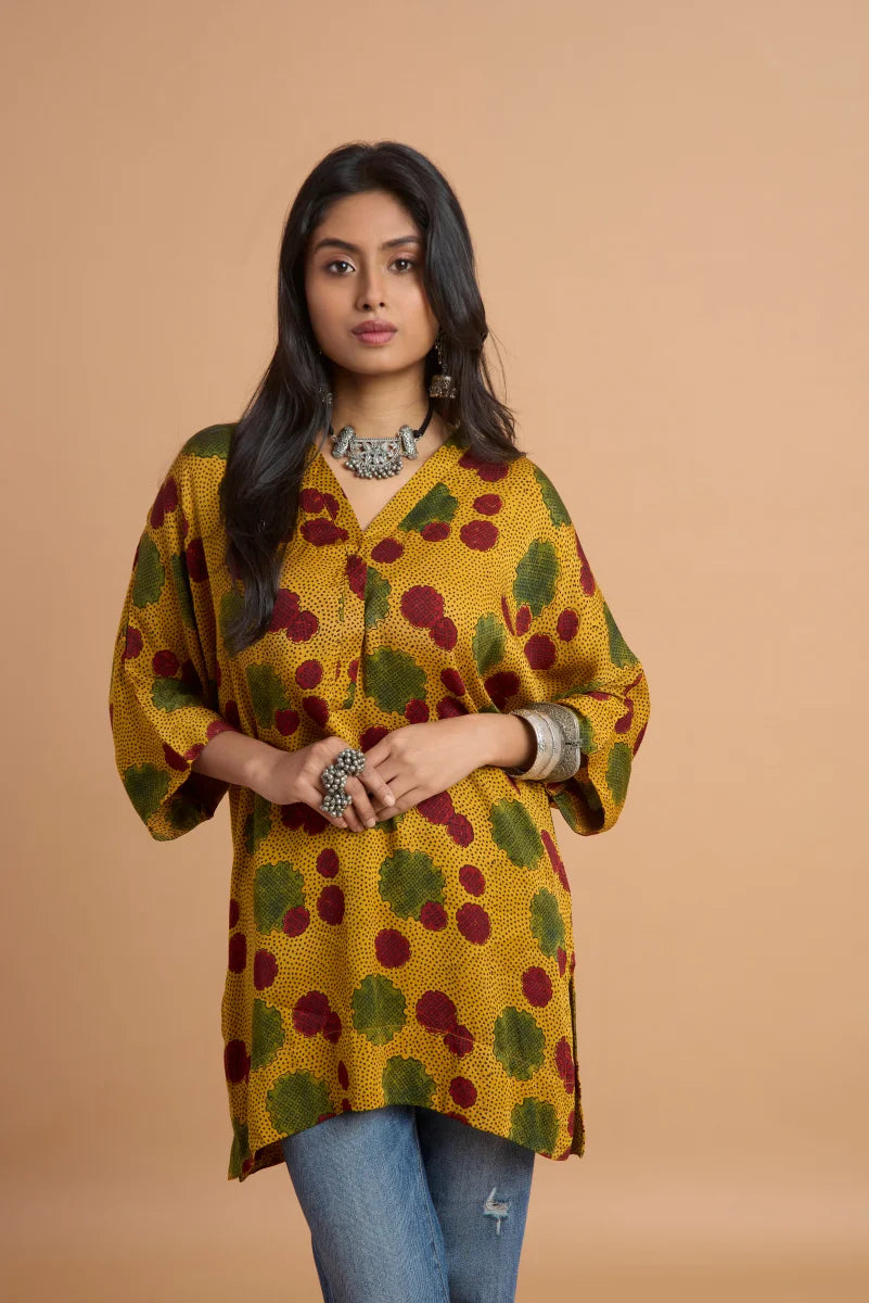 Mustard Bloom Ajrakh Modal Kaftan Top