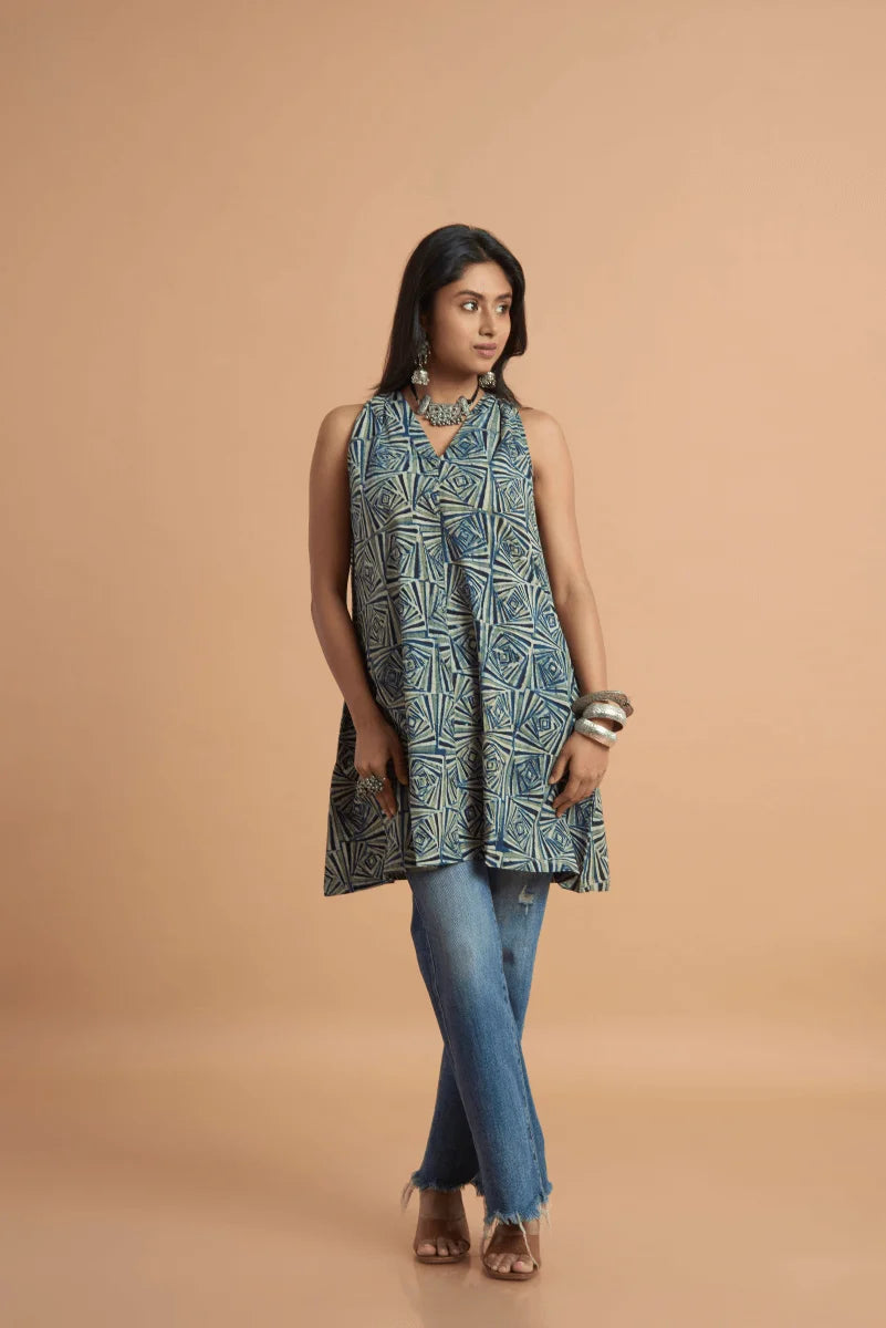 Indigo Ajrakh Whisper Cotton Tunic