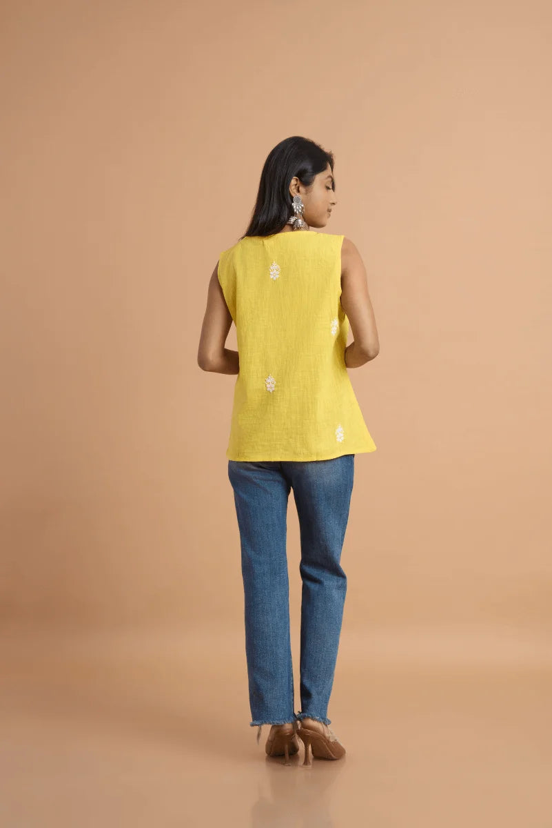 Yellow Cotton Slub Top with Hand Chikan Embroidery