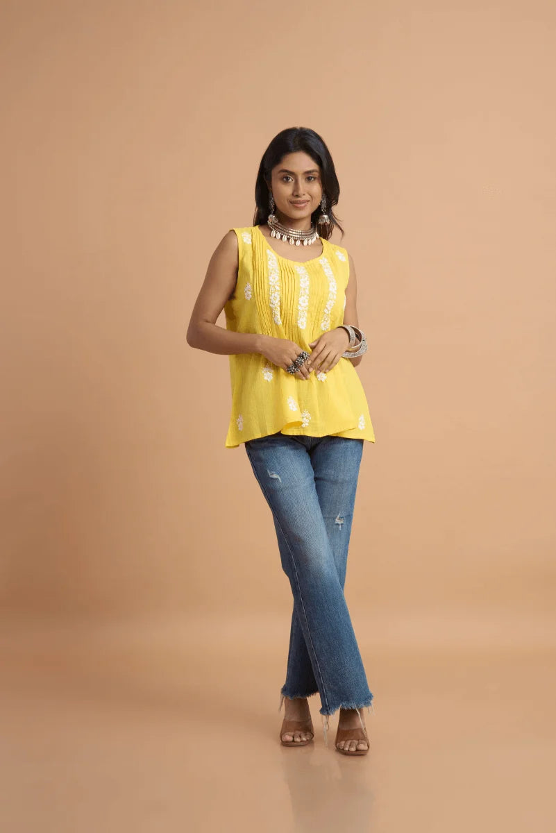 Yellow Cotton Slub Top with Hand Chikan Embroidery