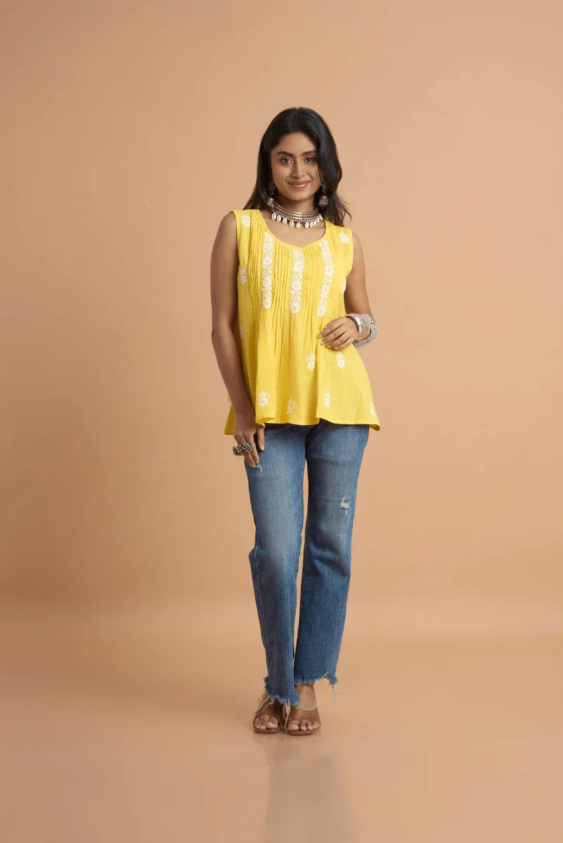 Yellow Cotton Slub Top with Hand Chikan Embroidery