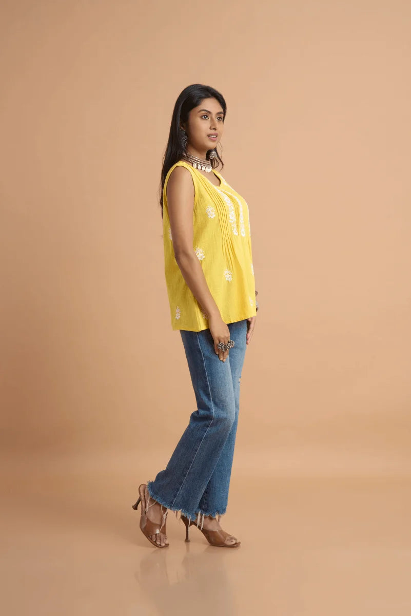 Yellow Cotton Slub Top with Hand Chikan Embroidery