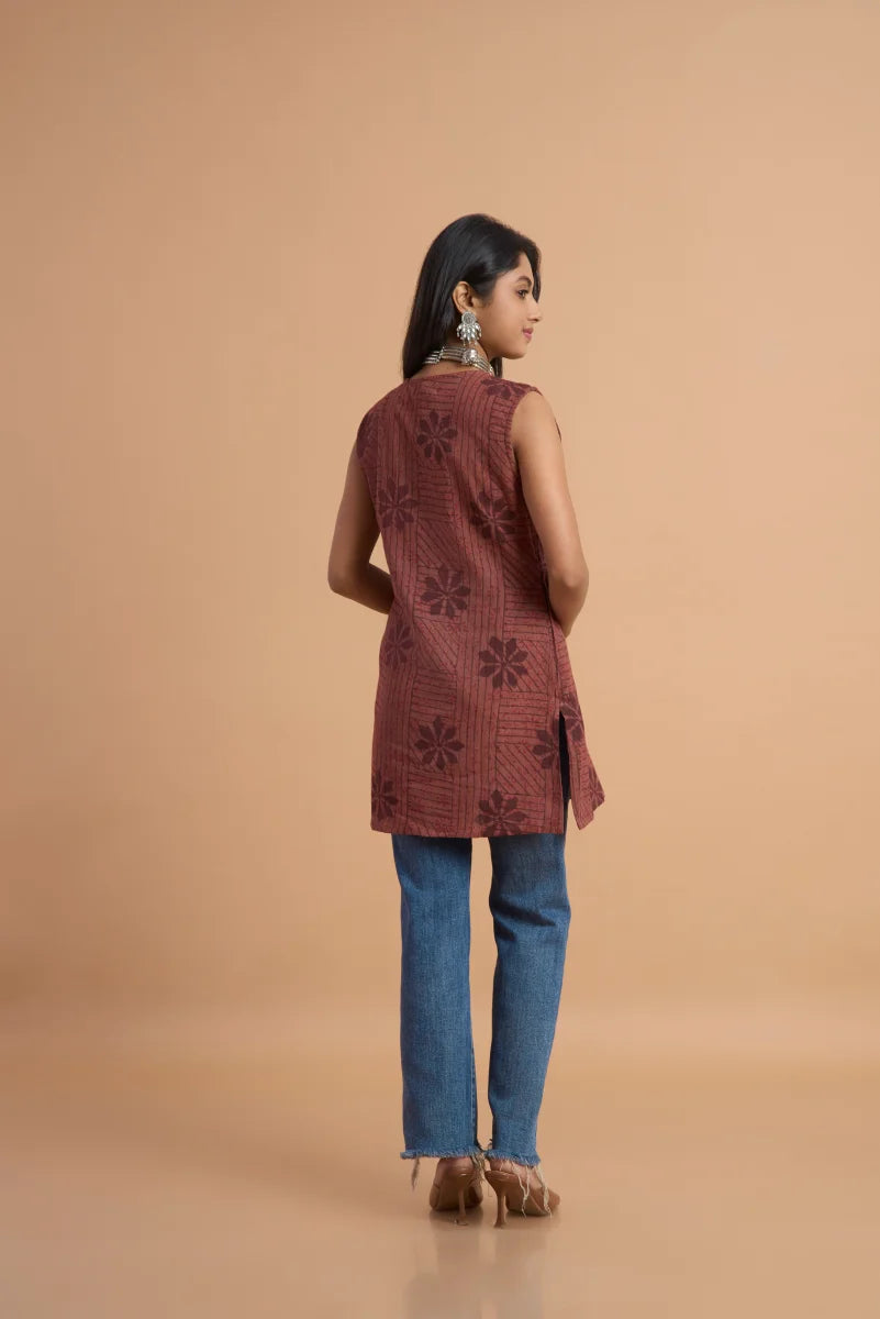 Brown Sleeveless Hand Block Print Cotton Top