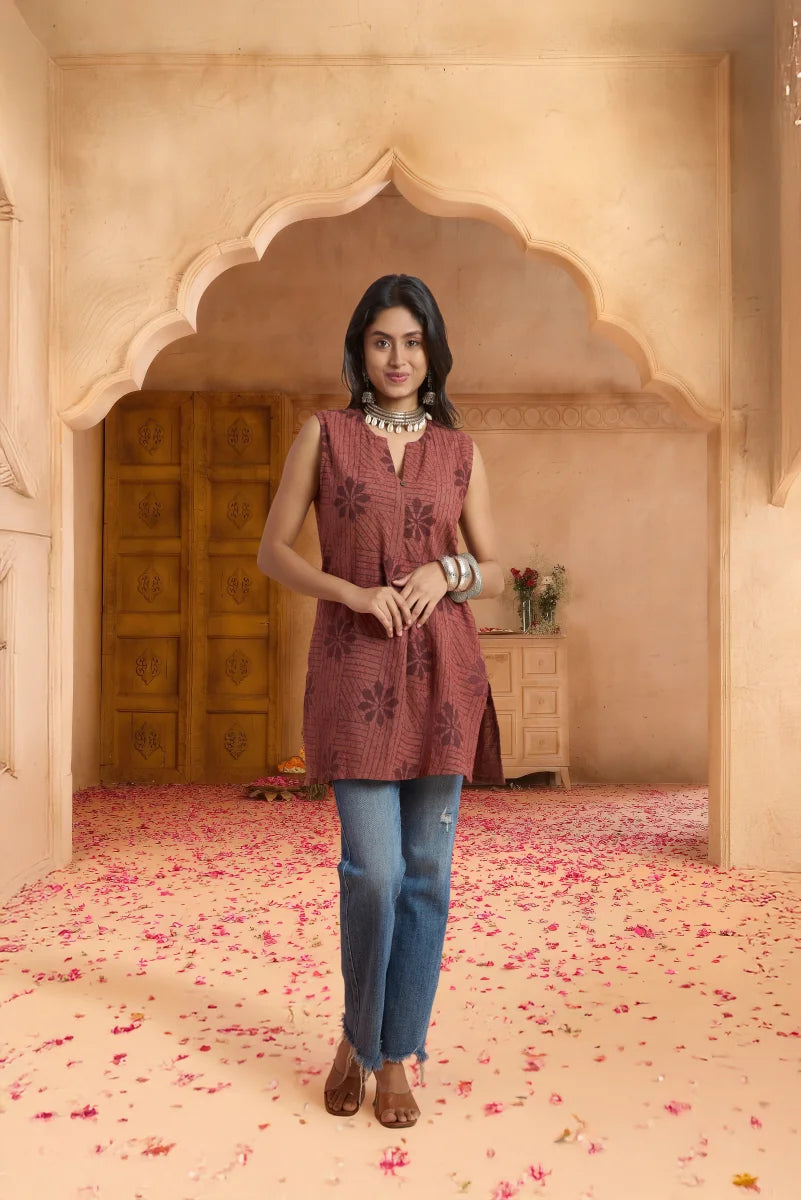 Brown Sleeveless Hand Block Print Cotton Top