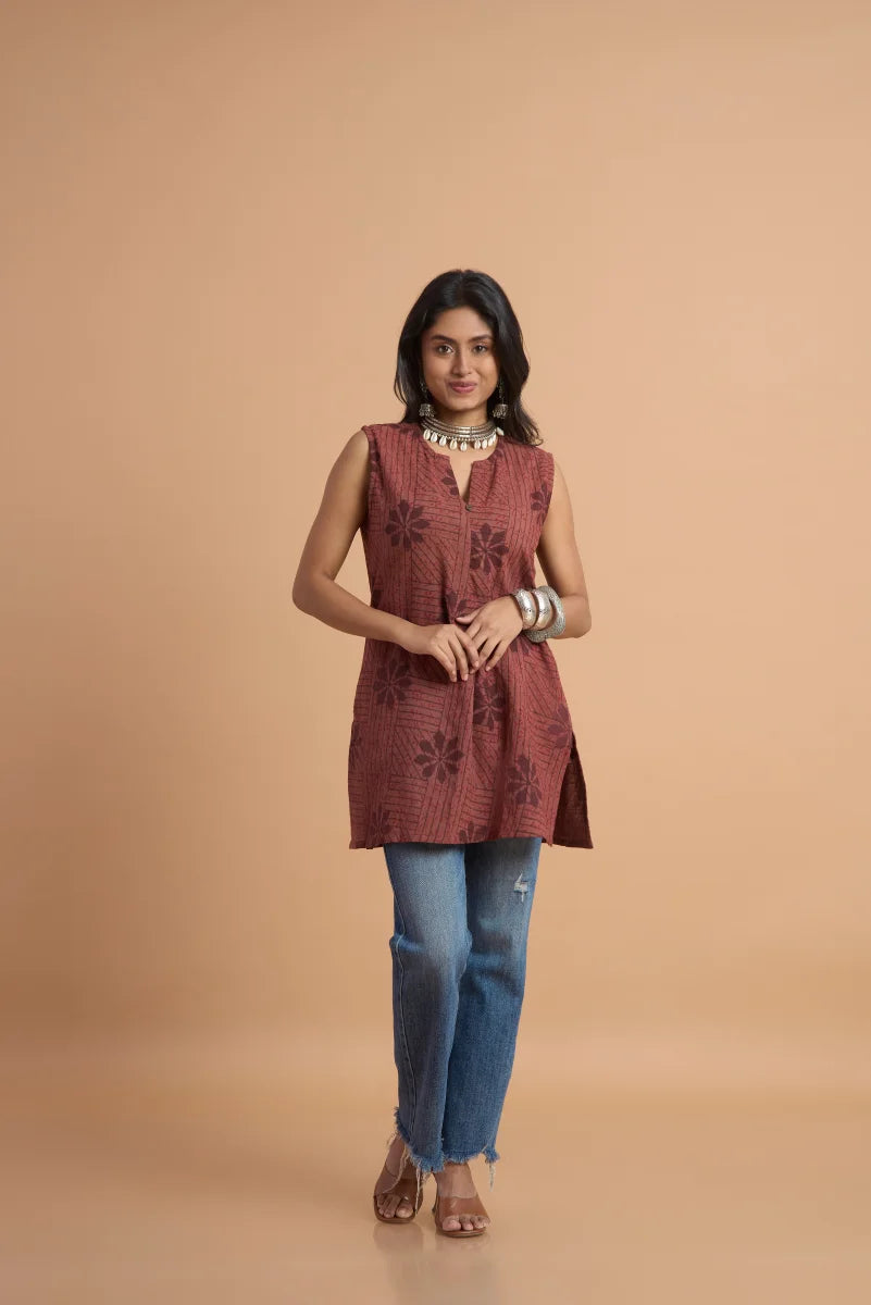 Brown Sleeveless Hand Block Print Cotton Top