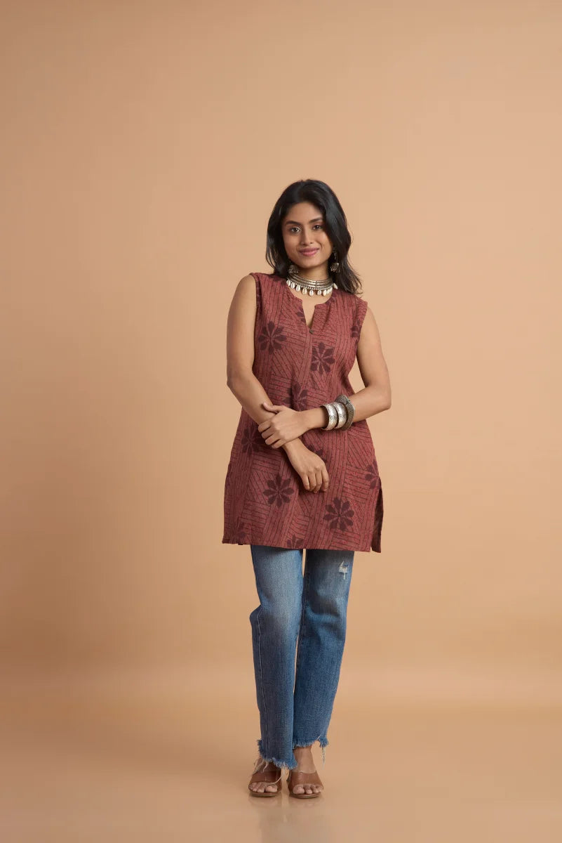 Brown Sleeveless Hand Block Print Cotton Top