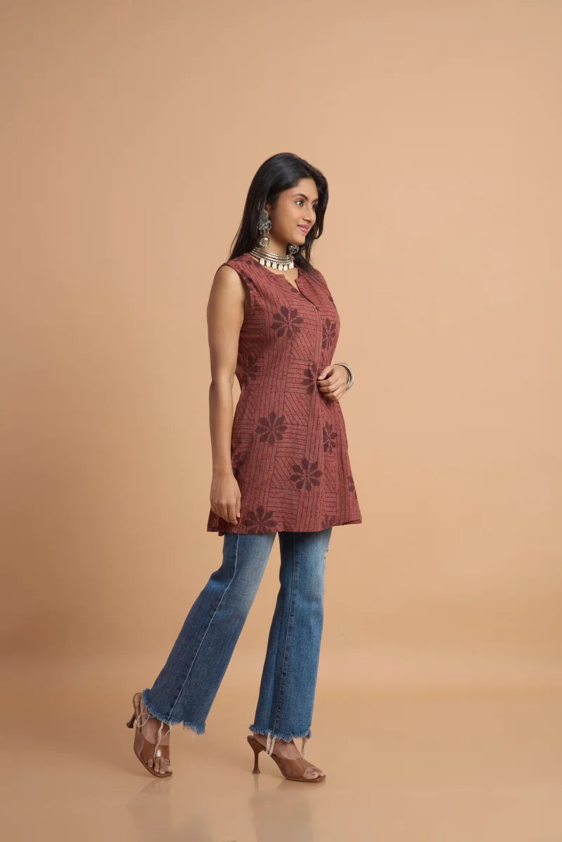 Brown Sleeveless Hand Block Print Cotton Top