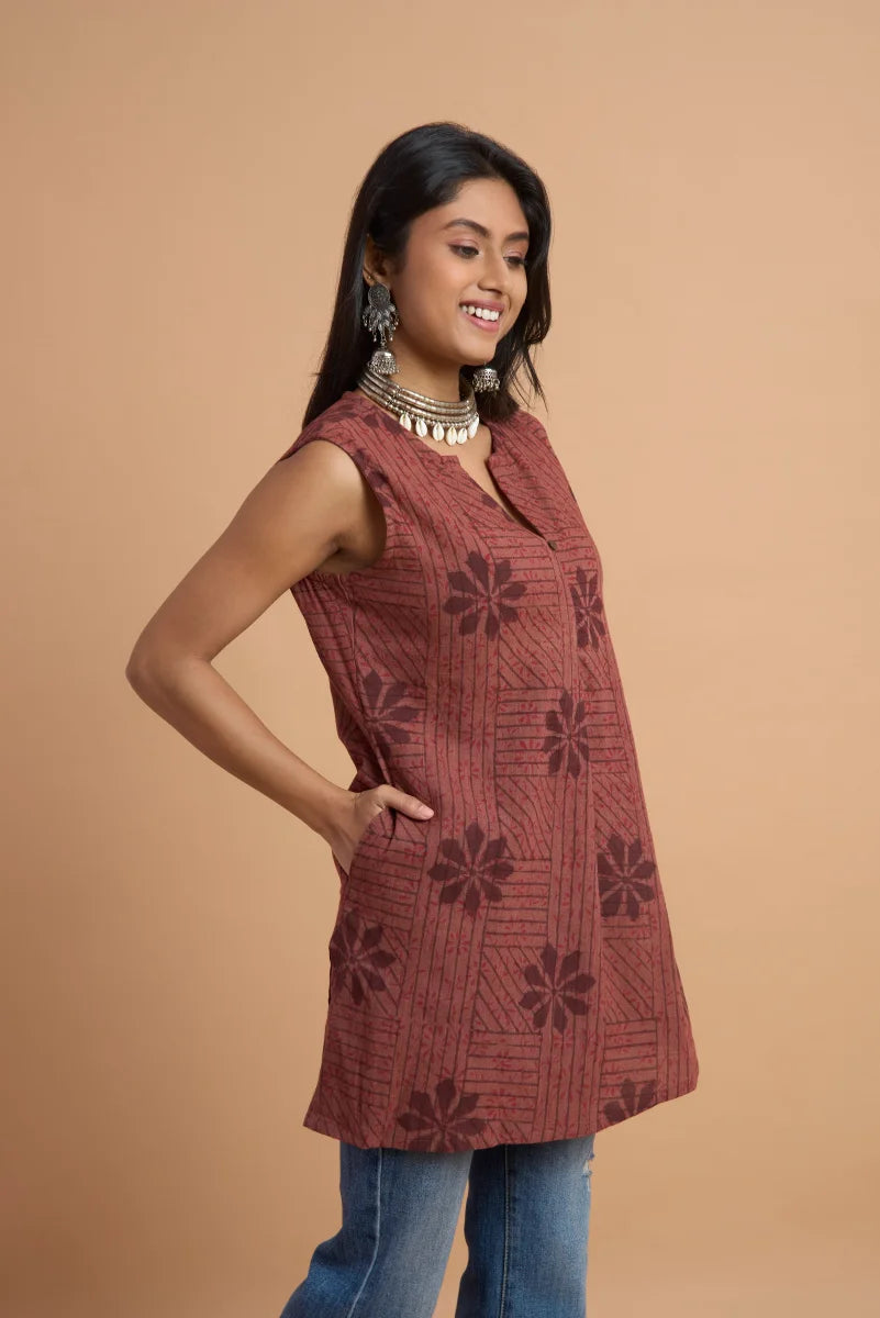 Brown Sleeveless Hand Block Print Cotton Top