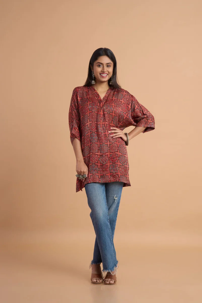 Crimson Weave Ajrakh Modal Kaftan Top