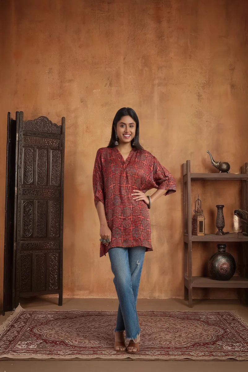 Crimson Weave Ajrakh Modal Kaftan Top