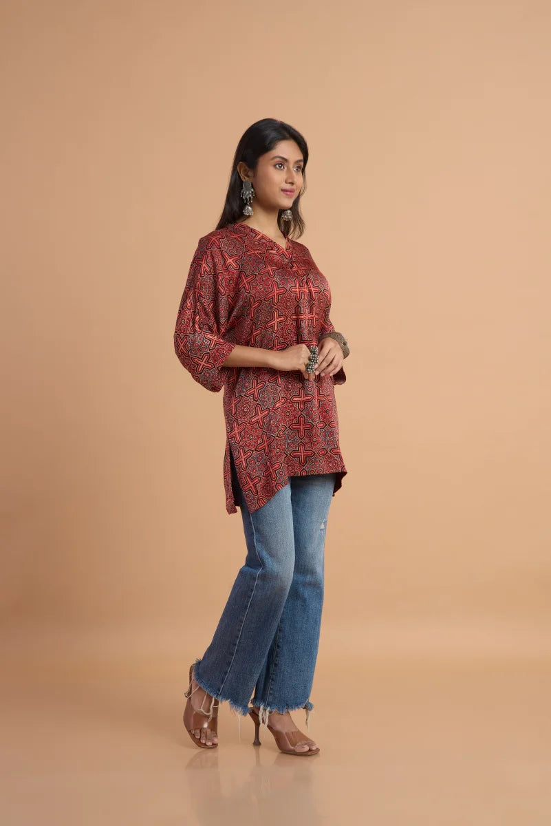Crimson Weave Ajrakh Modal Kaftan Top