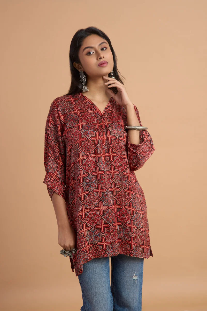 Crimson Weave Ajrakh Modal Kaftan Top
