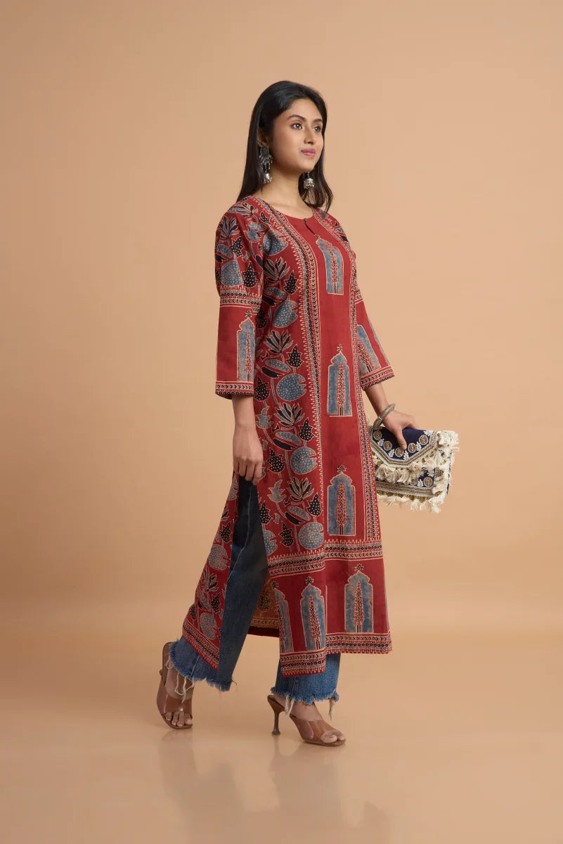 Hand Ajrakh Print – Maroon Cotton Kurta