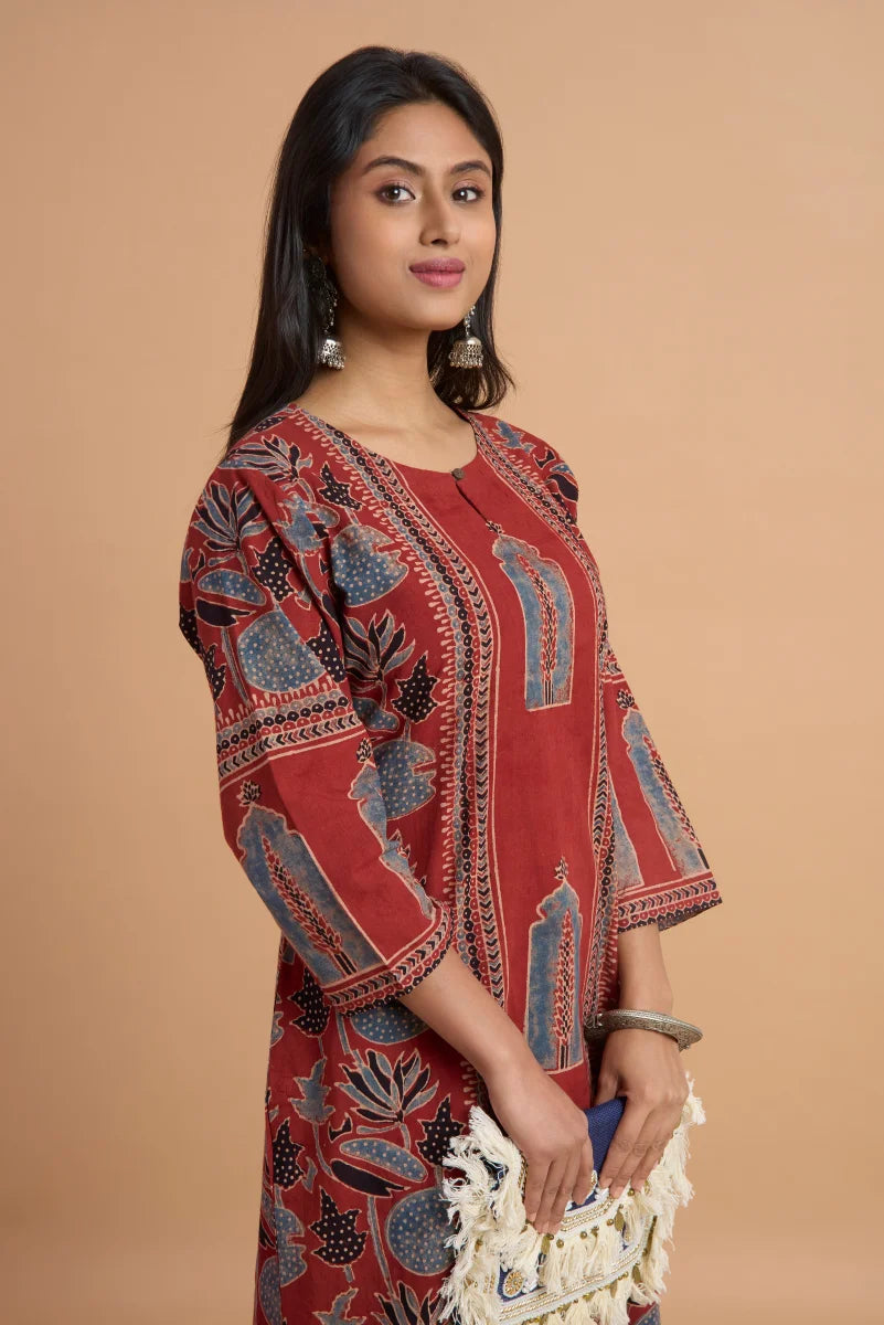 Hand Ajrakh Print – Maroon Cotton Kurta