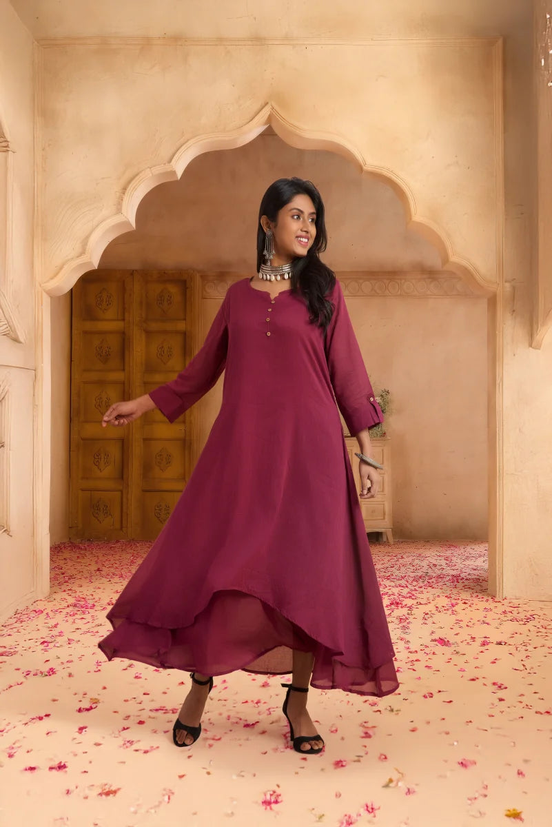 Maroon Aura Double-Layered Cotton Dress