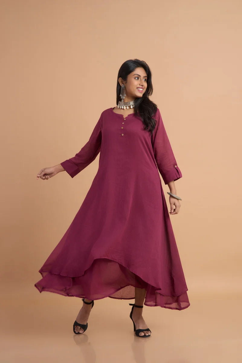 Maroon Aura Double-Layered Cotton Dress