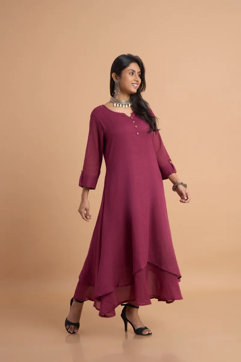 Maroon Aura Double-Layered Cotton Dress