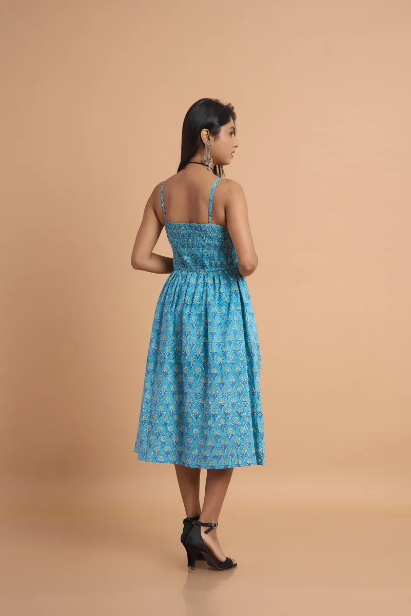 Azure Bloom Hand Block Print Cotton Dress