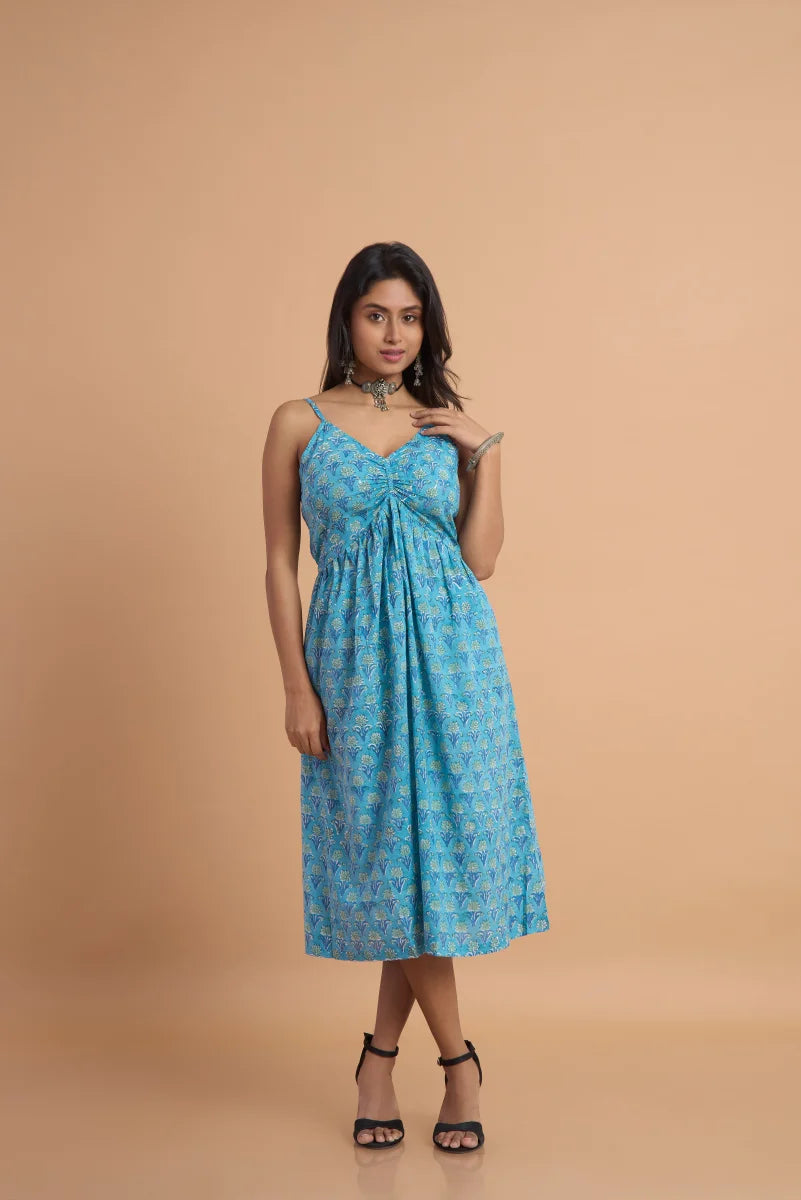 Azure Bloom Hand Block Print Cotton Dress