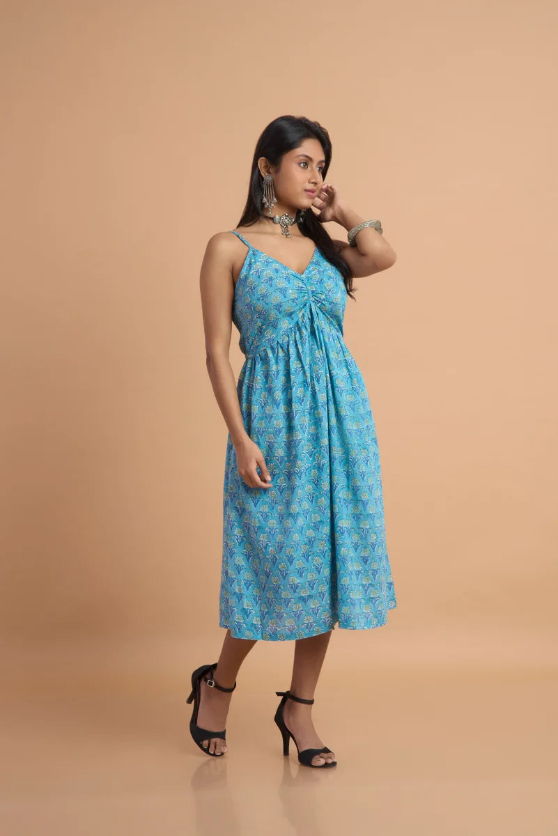 Azure Bloom Hand Block Print Cotton Dress