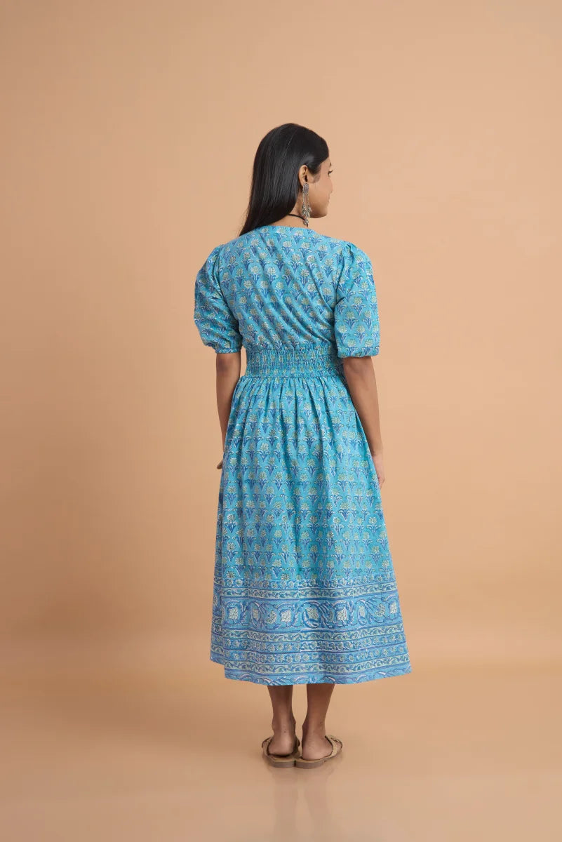 Blue Meadow Hand Block Print Cotton Dress