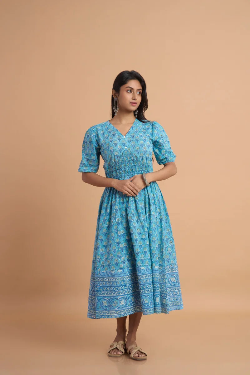 Blue Meadow Hand Block Print Cotton Dress