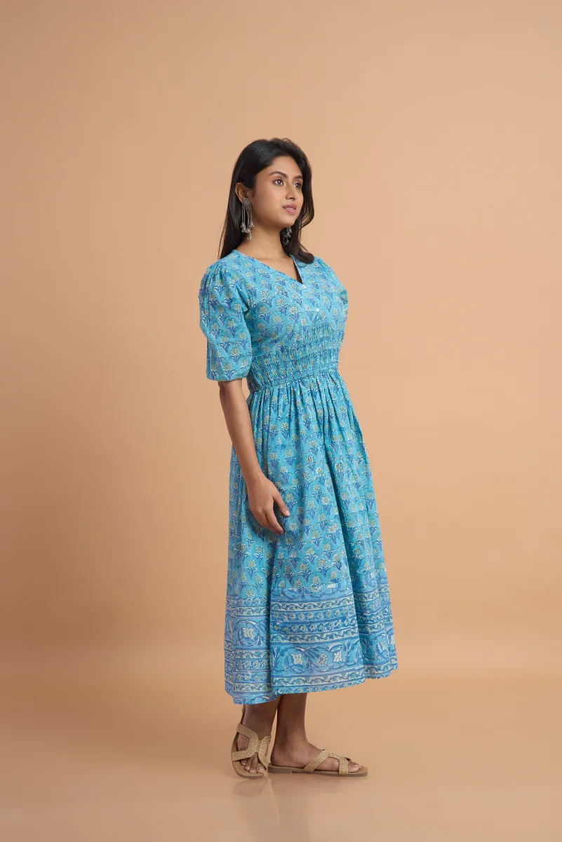 Blue Meadow Hand Block Print Cotton Dress