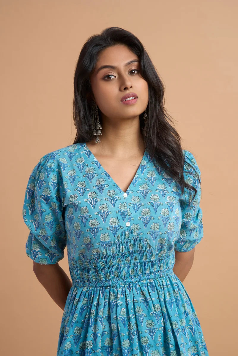 Blue Meadow Hand Block Print Cotton Dress