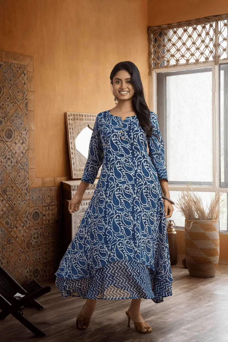 Indigo Double-Layered Hand Block Print Dress