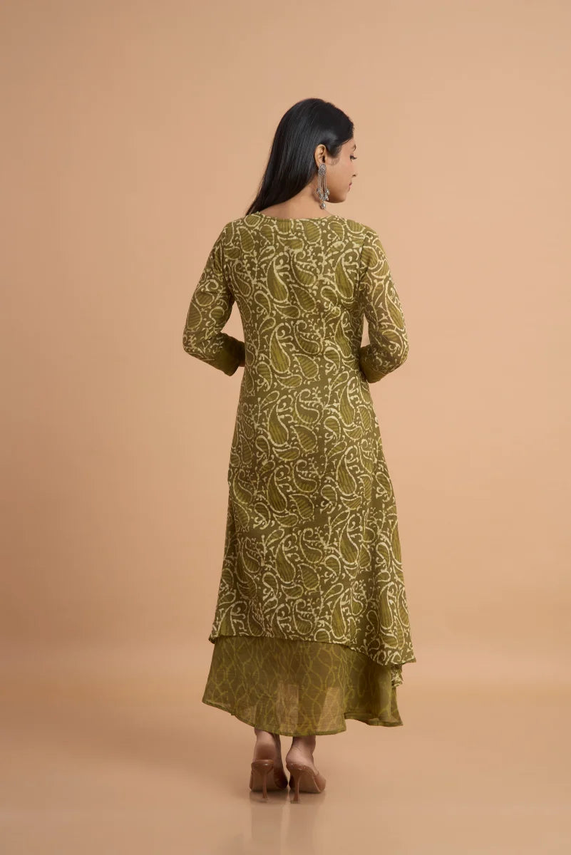 Olive Noor Hand Block Print Double-Layered Cotton Dress