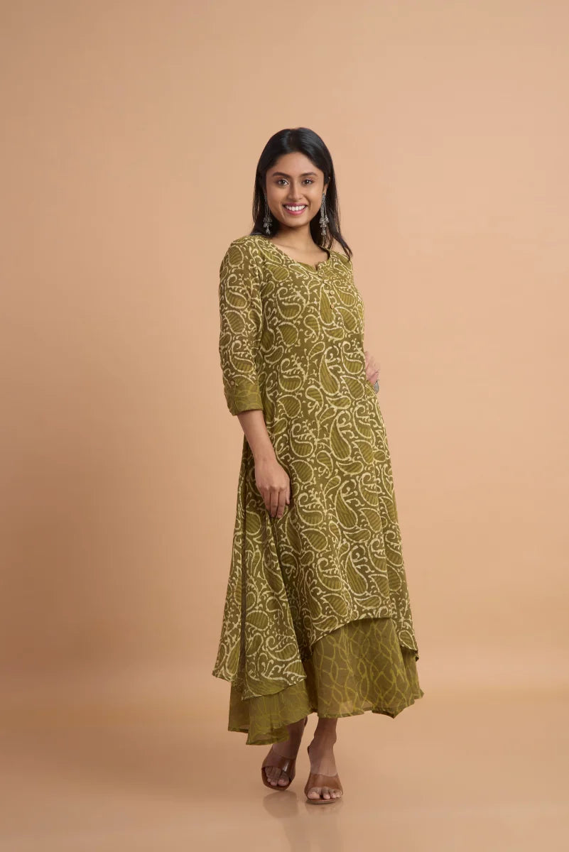 Olive Noor Hand Block Print Double-Layered Cotton Dress