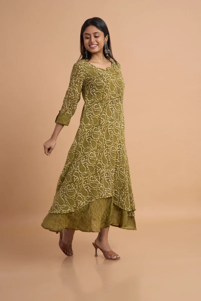 Olive Noor Hand Block Print Double-Layered Cotton Dress